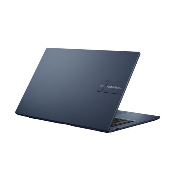 Gizli, mavi renkli ASUS VivoBook dizüstü bilgisayar açık ve yan tarafı görünümünde. Hafif ve taşınabilir tasarımıyla verimli çalışma ve eğlence için ideal.
