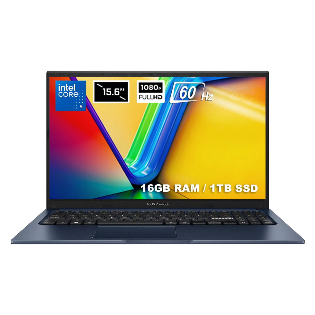 15.6 inç Full HD ekranlı ASUS Vivobook dizüstü bilgisayar, Intel Core i5 işlemci, 16GB RAM, 1TB SSD ve 60Hz yenileme hızı ile yüksek performans sağlar.