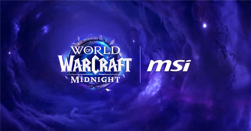 Dünya Warcraft Midnight ve MSI logosu, fantastik oyun teması ve yüksek çözünürlük ile görsel. Oyun severler için World of Warcraft Midnight ile ilgili tanıtım ve etkinlik görseli.