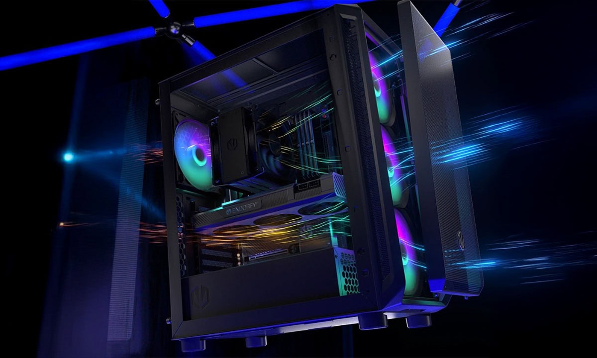Yüksek performanslı kırmızı ve mavi RGB aydınlatmalı oyun bilgisayarı, şık ve güçlü gaming kahramanı, modern tasarım, yüksek hız ve etkileyici görsel efektler, egevia.live için ideal.