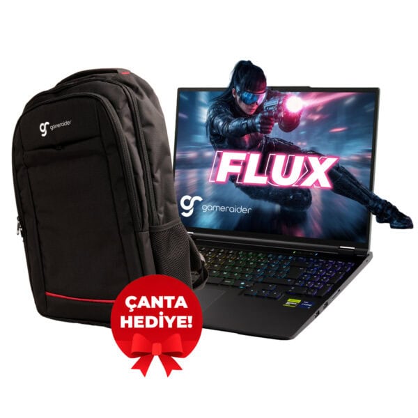 Gamerider FLUX dizüstü gaming laptop ve sırt çantası, RGB klavye, yüksek performans, havai tasarım, oyuncular için ideal, hediye fırsatı, yarış oyunları ve grafik işlemci destekli, yeni oyun deneyimi.