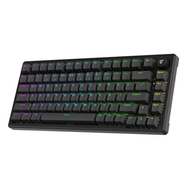 Renkli RGB aydınlatmalı mekanik gaming klavye, tuşlarda LED ışıklandırma, programlanabilir makrolar, yüksek performans ve dayanıklılık özellikleriyle oyun ve ofis kullanımına uygun.