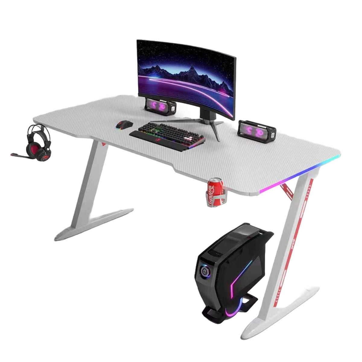 Oyuncu bilgisayarı ve oyun ekipmanlarıyla donatılmış modern oyun masası, kaliteli monitör, klavye, fare ve kulaklık seti içerir, RGB aydınlatmalı ve şık tasarımıyla gaming tutkunlarına uygun.