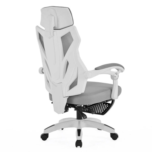 Yüksek konforlu oyuncu ofis sandalyesi, ergonomik tasarım ve ayarlanabilir özelliklerle uzun gaming seansları için ideal. Modern beyaz ve gri renkli ofis koltuğu, dayanıklı yapı ve hareketli tekerlekler ile optimize edilmiştir.