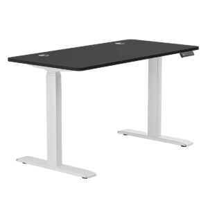 Yükseklik ayarlı elektronik çalışma masası, ergonomik ve modern ofis veya oyun masası, siyah yüzey ve beyaz ayaklı tasarım.