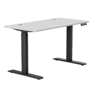 Modern bilgisayar çalışma masası, iki gözlüklü siyah ayaklı ve beyaz düz yüzeyli ergonomik ofis mobilyası.