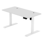 Yüksekliği ayarlanabilen beyaz masa, modern tasarım ve ergonomik çalışma için ideal, kablo yönetimi özellikleri ile toplantı ve ofis kullanımı için uygun.