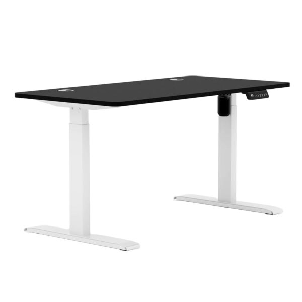 Kenar Görüntülü Beyaz ve Siyah Ayarlanabilir Oyuncu Çalışma Masası, Ergonomik Tasarım, Otomatik Yükseklik Ayarı, Gaming ve Ofis Kullanımı için Ideale.