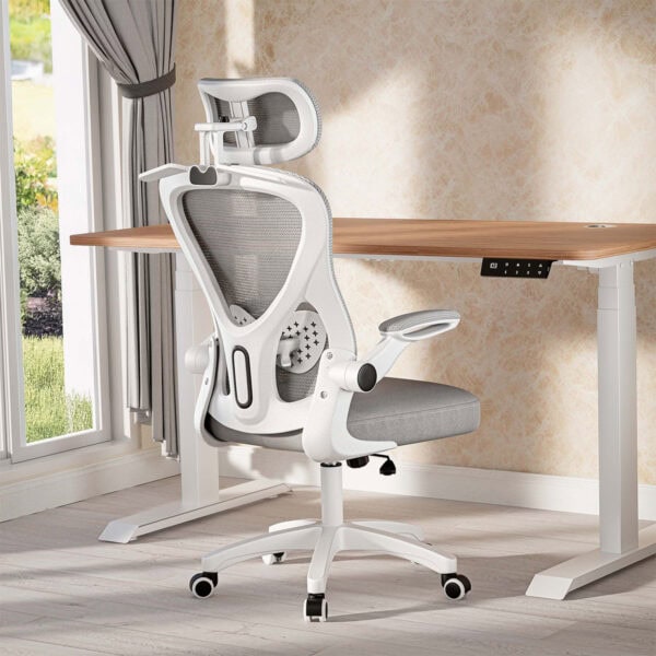 Yüksek konforlu ve ergonomik ofis sandalyesi, modern çalışma ortamları için ideal, döner tekerlekli, ayarlanabilir sırt ve kol desteği özellikleriyle, doğal ışık alan çalışma alanı.