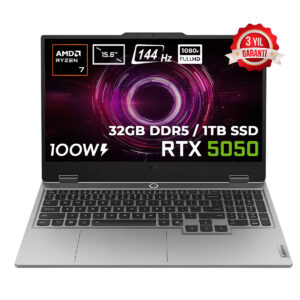 AMD Ryzen 7 işlemcili, 15.6 inç ekran, 144Hz ekran yenileme hızı, 32GB DDR5 RAM, 1TB SSD, RTX 5050 grafik kartı, 1080P Full HD çözünürlük, 3 yıl garanti, 100W güç tüketimi.