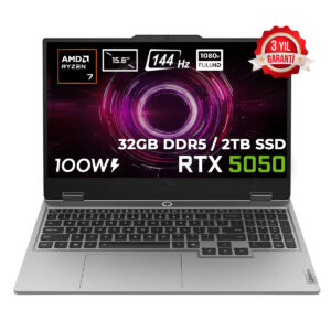 Oyuncular için ideal güçlü dizüstü bilgisayar, AMD Ryzen 7 işlemci, RTX 5050 ekran kartı, 32GB DDR5 RAM, 2TB SSD ve 15.6 inç 144Hz ekran özellikleri ile.