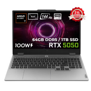 Oyuncu odaklı gaming laptop, AMD Ryzen 7 işlemci, RTX 5050 ekran kartı, 64GB DDR5 RAM, 1TB SSD, 15.6 inç Full HD 1080P ekran, 144Hz yenileme hızı, 3 yıl garanti, yüksek performans ve etkileyici tasarım.