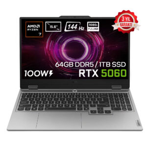 Yüksek performanslı gaming laptop, ekran 15.6 inç, 144Hz, RTX 5060 ekran kartı, 64GB RAM, 1TB SSD, AMD Ryzen 7 işlemci, 1080P Full HD ekran, 3 yıl garanti, güçlü soğutma ve yüksek grafik performansı ile en iyi oyun deneyimi için uygun.