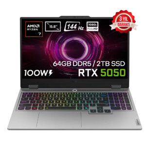 AMD Ryzen 7, RTX 5050, 64GB RAM, 2TB SSD, 15.6 inç, 144Hz, FULL HD.