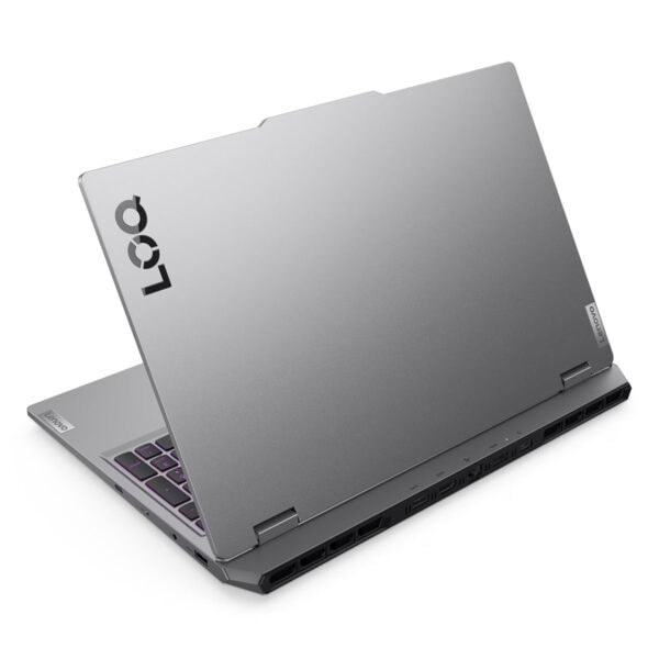 Gümüş renkli Lenovo gaming dizüstü bilgisayar, kapak kısmı kapalı, yüksek performanslı ekran kartı ve güçlü soğutma sistemi ile oyun tutkunları için ideal.