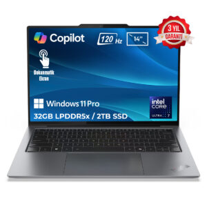Yüksek çözünürlüklü 14 inç dokunmatik ekranlı HP laptop, Windows 11 Pro, 32GB RAM, 2TB SSD, Intel Core i7 işlemci, 120Hz yenileme hızı, modern tasarım ve 3 yıl garanti.