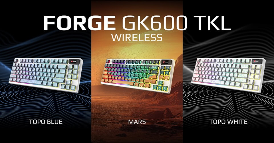 Yapay zeka ile üretilmiş oyun klavyesi, Forge GK600 TKL Wireless, RGB aydınlatmalı, farklı renk seçenekleriyle profesyonel gaming ve bilgisayar oyunları için ideal.
