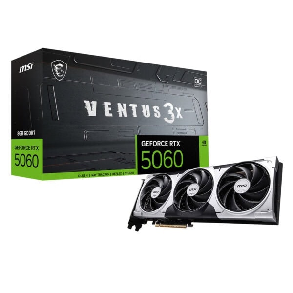Yüksek performanslı MSI GeForce RTX 5060 ekran kartı ve Ventus 3X OC grafik kartı paketi, oyun ve pracijalar için yüksek grafik teknolojisi, ileri seviye soğutma ve düşük gecikme özellikleriyle.