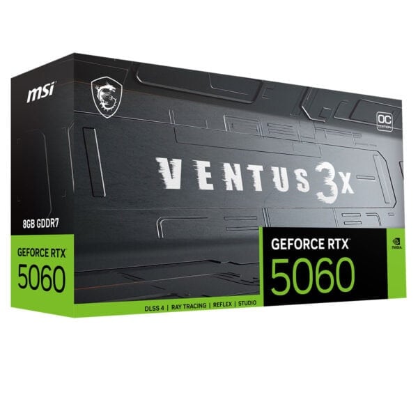 Yüksek performanslı MSI GeForce RTX 5060 ekran kartı kutusu, gaming ve grafik tasarım yapanlar için ideal. RTX serisi ve DLSS 4 teknolojisiyle güçlü oyun deneyimi sağlar.
