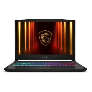 Yüksek performanslı MSI gaming laptop ekranında kırmızı ve altın renkli neon ışıklar, şampiyonluk logosu ile birlikte, güçlü ve şık tasarımıyla öne çıkıyor.