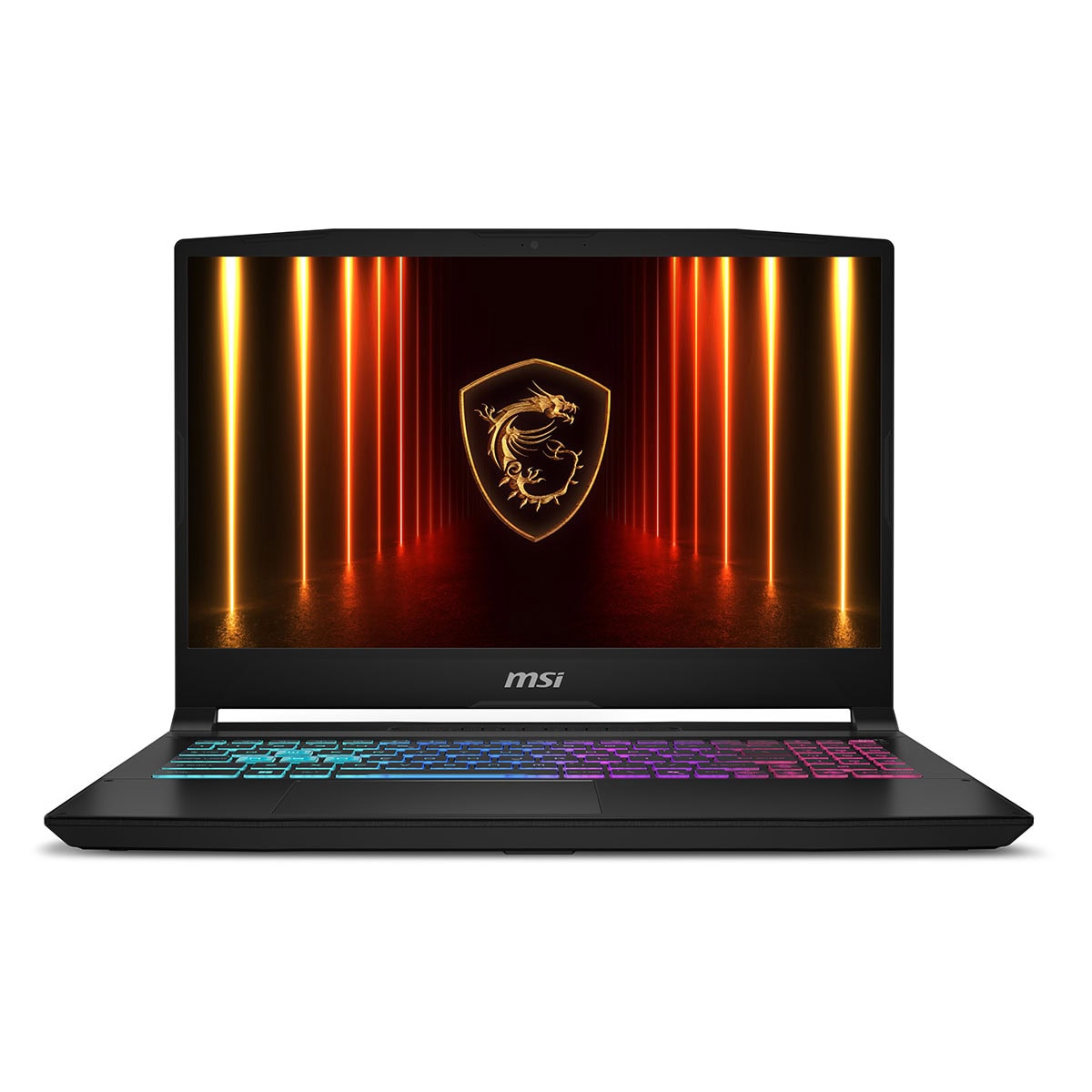 Yüksek performanslı MSI gaming laptop ekranında kırmızı ve altın renkli neon ışıklar, şampiyonluk logosu ile birlikte, güçlü ve şık tasarımıyla öne çıkıyor.