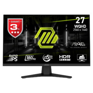Yüksek çözünürlüklü MSI MSI MAG ARGB 27" oyuncu monitörü, 2560x1440 piksel, 180Hz yenileme hızı, HDR hazır, hızlı IPS panel ve 0.5 ms tepki süresi ile oyun deneyimini artırır.
