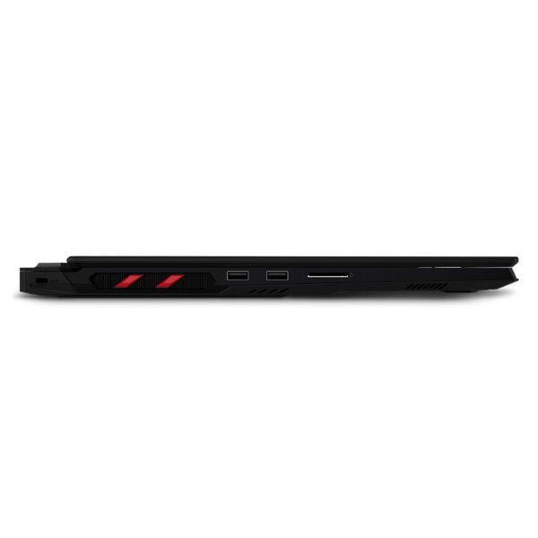 Yüksek performanslı gaming dizüstü bilgisayarın yan profilini gösteren siyah model, USB portleri ve soğutucu havalandırmalarıyla detaylı kavisli tasarım.