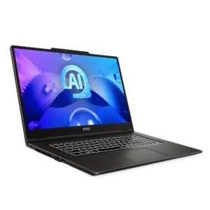 Yapay Zeka ve bilgisayar teknolojisi temalı MSI dizüstü bilgisayar, AI simgesiyle yüksek performans vurgusu yapıyor.
