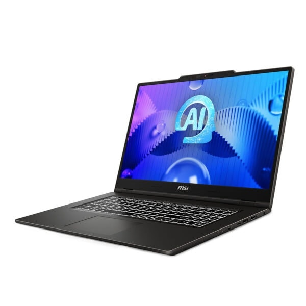 Yapay zeka ve makine öğrenimi temalı MSI dizüstü bilgisayar, modern tasarımı ve yüksek performansıyla profesyonel ve oyun amaçlı kullanıma uygun olduğunu gösteriyor.