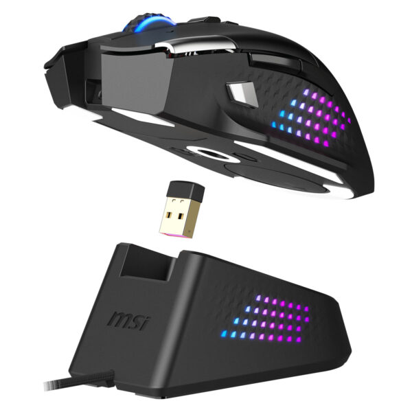 Hızlı şarj edilebilir kablosuz oyun mouse ve şarj istasyonu, RGB ışıklı tasarım, profesyonel gaming mouse, 2.4GHz kablosuz bağlantı, yüksek hassasiyet, ergonomik dizayn, oyuncu ekipmanı.
