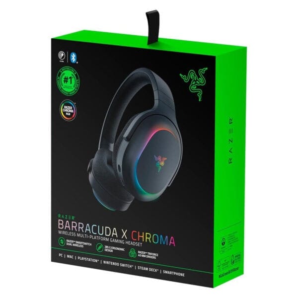 Razer Barracuda X Chroma Kablosuz Oyun Kulaklığı, Çok Platform uyumlu, ergonomik tasarım ve RGB aydınlatmalı, PC, Mac, PS5, Nintendo Switch, Steam Deck ve akıllı telefonlar için ideal.