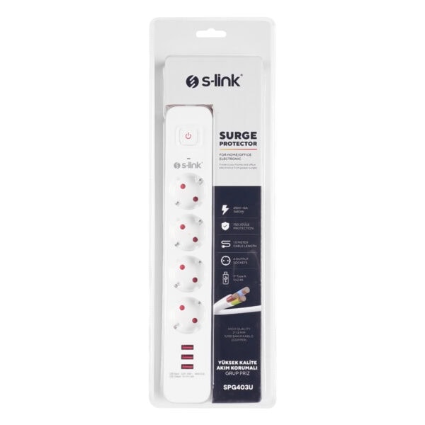 Güvenlik prizleri ve elektrik koruma ürünleri, s-link surge protector, ev ofis elektrik koruyucu, 4 çıkışlı priz, devre kesici, 1.5 metre kablo, 750 joule koruma, yüksek kaliteli güç koruma.