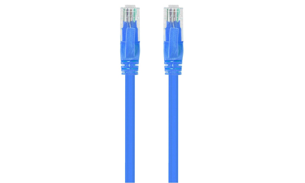 Hızlı internet bağlantısı için mavi Ethernet kablosu ve RJ45 konnektörleri, bilgisayar ve modem bağlantısı, ağ altyapısı, teknoloji ve iletişim, kablosuz ve kablolu internet yakını.