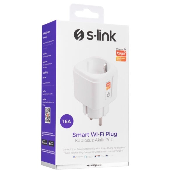 Elektronik ürünler ve akıllı Wi-Fi prizler, s-link markası, Tuya teknolojisi destekli, mobil uygulama ile kontrol, 16A güç çıkışı, pratik kullanım ve uzaktan erişim.