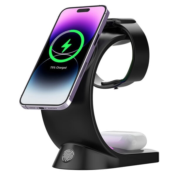Yüksek hızlı şarj olan akıllı telefon ve kablosuz şarj cihazı ile entegre elektronik aksesuarlar, teknolojik yenilikler ve şarj çözümleri, modern gadgetlar ve akıllı cihazlar.