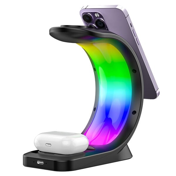 Telefon ve kablosuz şarj standı, yeni nesil iPhone ve AirPods şarj istasyonu, kablosuz şarj teknolojisi, şık ve fonksiyonel telefon aksesuarı, gaming ve teknoloji tutkunları için ideal.