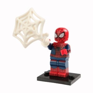 Sevimli Lego Süper Kahraman Spider-Man figürü, örümcek ağı detaylı ve kırmızı-mavi kıyafetli, oyuncak koleksiyonu ve çocuklar için ideal, yüksek kaliteli LEGO spor kağıdı modeli.