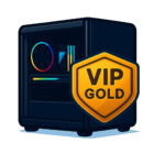 Yüksek kaliteli gamer bilgisayarı ve VIP altın üyelik rozeti, oyun tutkunları için özel tasarım, güçlü donanım ve VIP avantajları anlatan görsel.