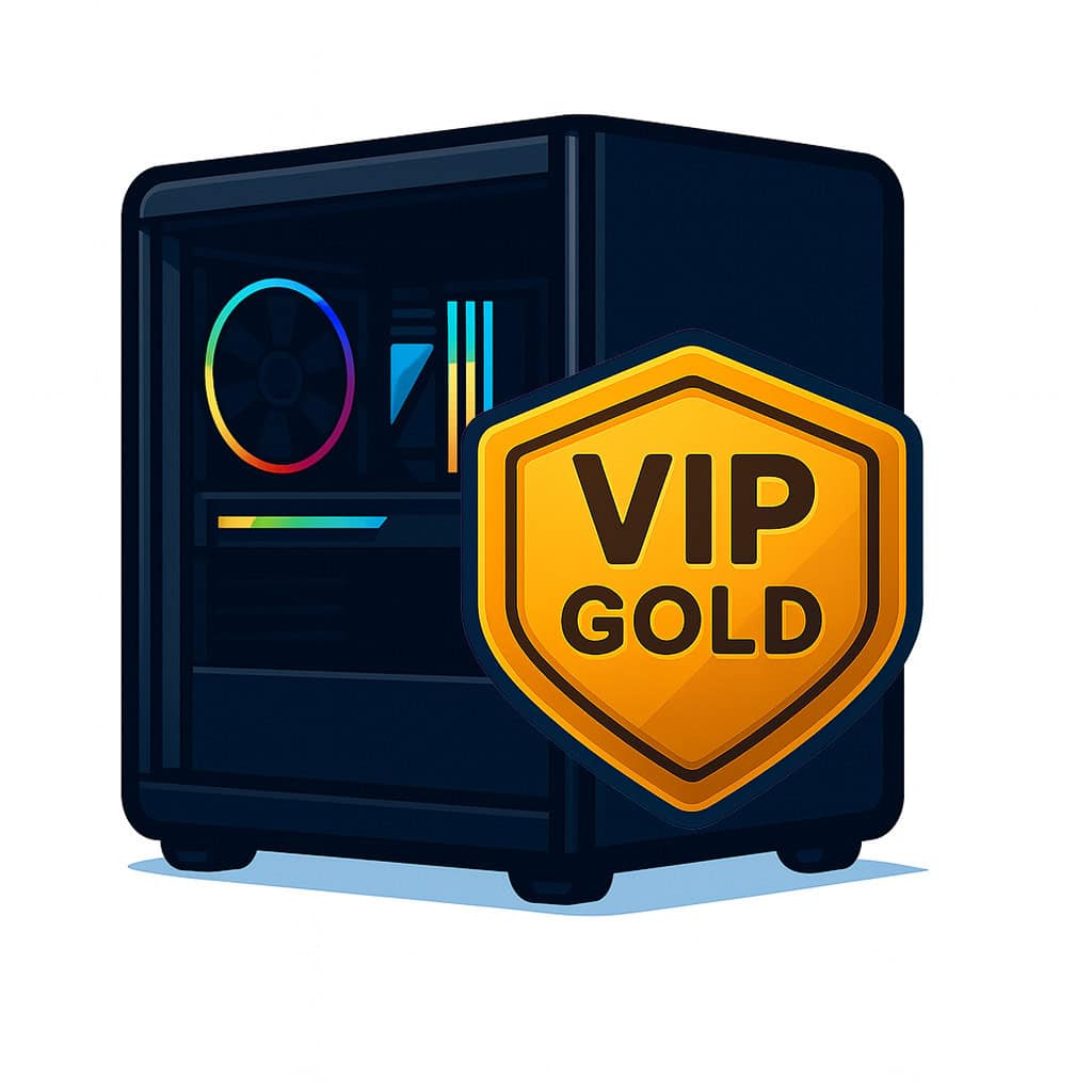 Yüksek kaliteli gamer bilgisayarı ve VIP altın üyelik rozeti, oyun tutkunları için özel tasarım, güçlü donanım ve VIP avantajları anlatan görsel.