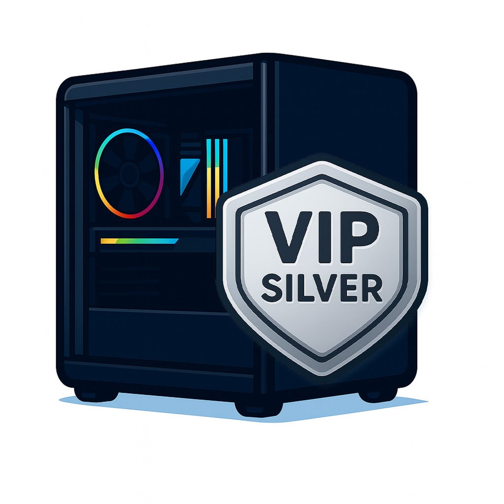 Yüksek performanslı oyun bilgisayarı ve VIP Silver üyelik simgesi, oyun ve bilgisayar donanımı konu başlıklarıyla uyumlu, SEO açısından optimize edilmiş görsel.