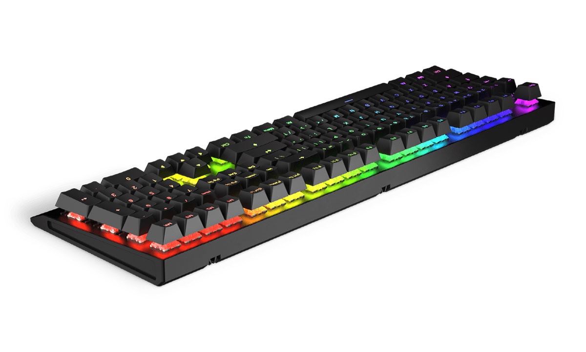 Renkli RGB aydınlatmalı oyuncu klavyesi, mekanik gaming klavye, ışıklı bilgisayar klavyesi, masaüstü bilgisayar oyun ekipmanı, yüksek kaliteli gaming klavye, profesyonel oyuncular için RGB klavye, gaming aksesuarları, çok renkli LED'li klavye, ergonomik oyun klavyesi, bilgisayar oyunları için tasarlanmış RGB klavye.