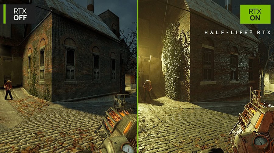 RTX OFF ve RTX ON teknolojisiyle Half-Life 2 oyununun grafik farklarını gösteren karşılaştırma görseli, gelişmiş grafik ve görsel kaliteyi vurgulayan yüksek çözünürlüklü ekran görüntüsü.