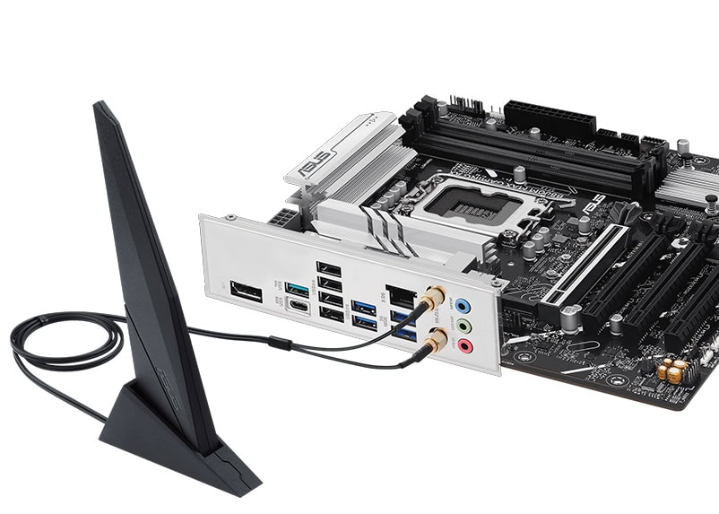 B860M MAX GAMING AX Yonga plakası ve anten ile ASUS B860M Max Gaming AX anakart seti, yüksekPerformanslı oyun ve yoğun işlem gücü için optimize edilmiştir.