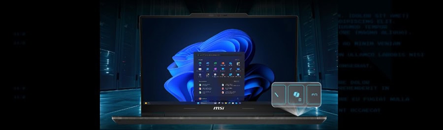 MSI oyun laptopu ve Windows 11 ekran görüntüsü, yüksek performanslı oyun ve bilgisayar teknolojisi, oyun tutkunu ve en yeni teknolojik gelişmeler için ideal.