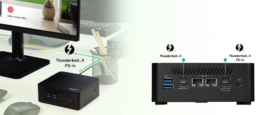 Thunderbolt 4 ve USB-C bağlantı noktaları bulunan mini bilgisayar, yüksek performans ve hızlı veri transferi için ideal, oyun ve ofis kullanımı için uygun, dayanıklı ve kompakt tasarım.