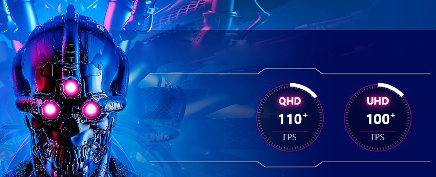 Dinamik ve yüksek FPS göstergeli cyborg iskeletli robot, QHD ve UHD ekran çözünürlükleri ile oyun ve teknoloji tutkunlarının ilgisini çeken detaylar.