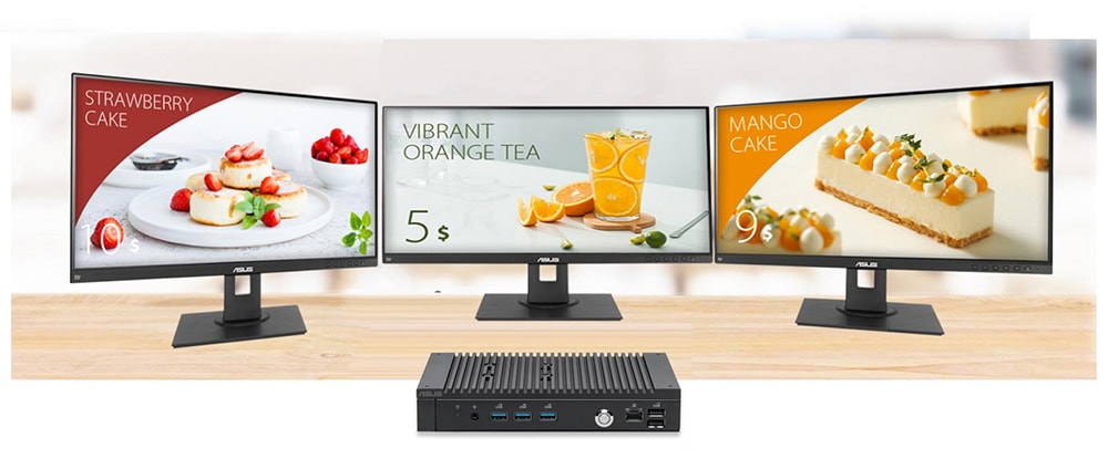 Mini PC PL64-D1 Kötü amaçlı yazı veya reklam içermeyen, üç ekranlı bilgisayar kurulumundan oluşan modern ofis görüntüsü.