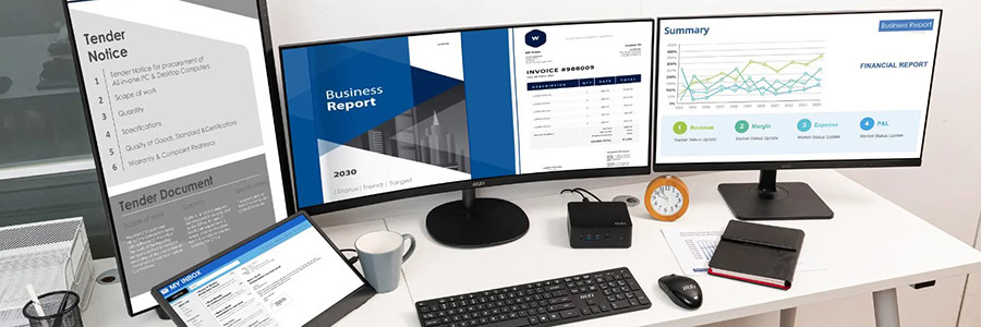 İş istasyonu kurulu, iki monitör ve modern ofis ekipmanlarıyla finansal raporlar ve iş belgeleri görüntüleniyor, verimlilik ve profesyonel çalışma ortamı vurgulanıyor.