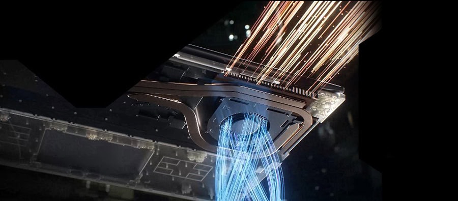 Yüksek teknolojili bilgisayar donanımı, oyun ve yapay zeka ilerlemeleri için gelişmiş soğutma sistemi, detaylı elektronik devreler ve yüksek performanslı GPU görseli.