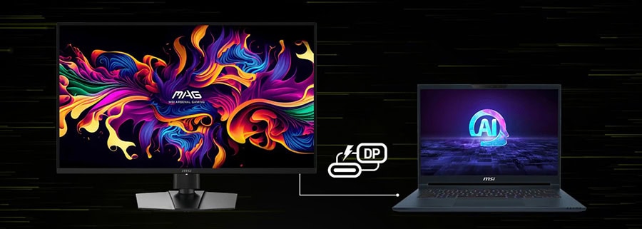 Monitör ve dizüstü bilgisayar bağlantısı, yüksek performanslı oyun ve yapay zeka uygulamaları için USB-C, DP desteği ile hızlı veri transferi ve görüntü aktarımı sağlıyor.